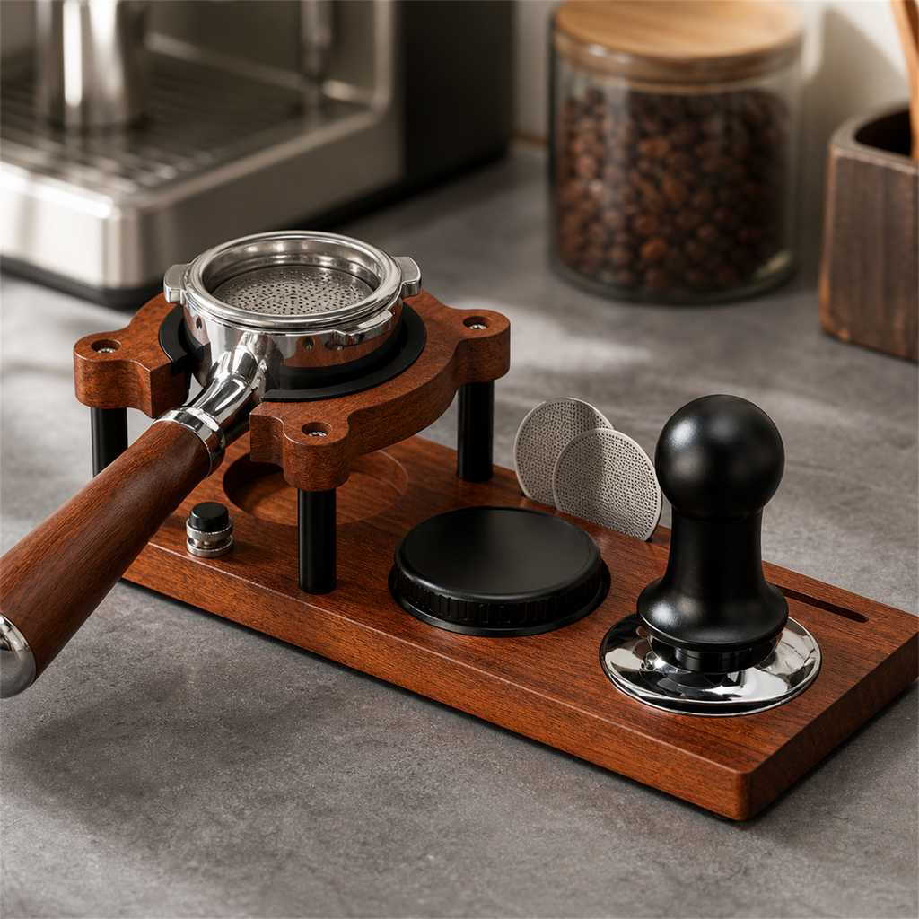 Large sapele espresso organizer holding a portafilter tamper distributor and screens