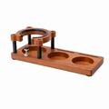 Large solid sapele adjustable portafilter and espresso tool organizer on white background
