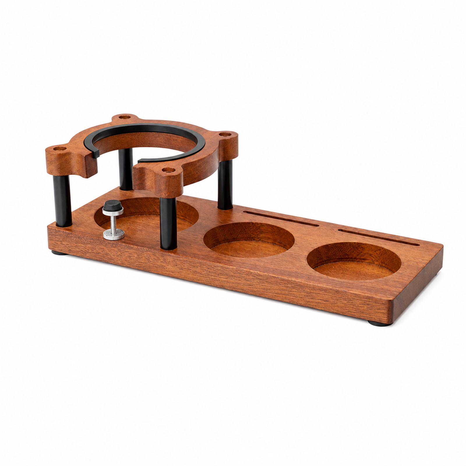 Large solid sapele adjustable portafilter and espresso tool organizer on white background