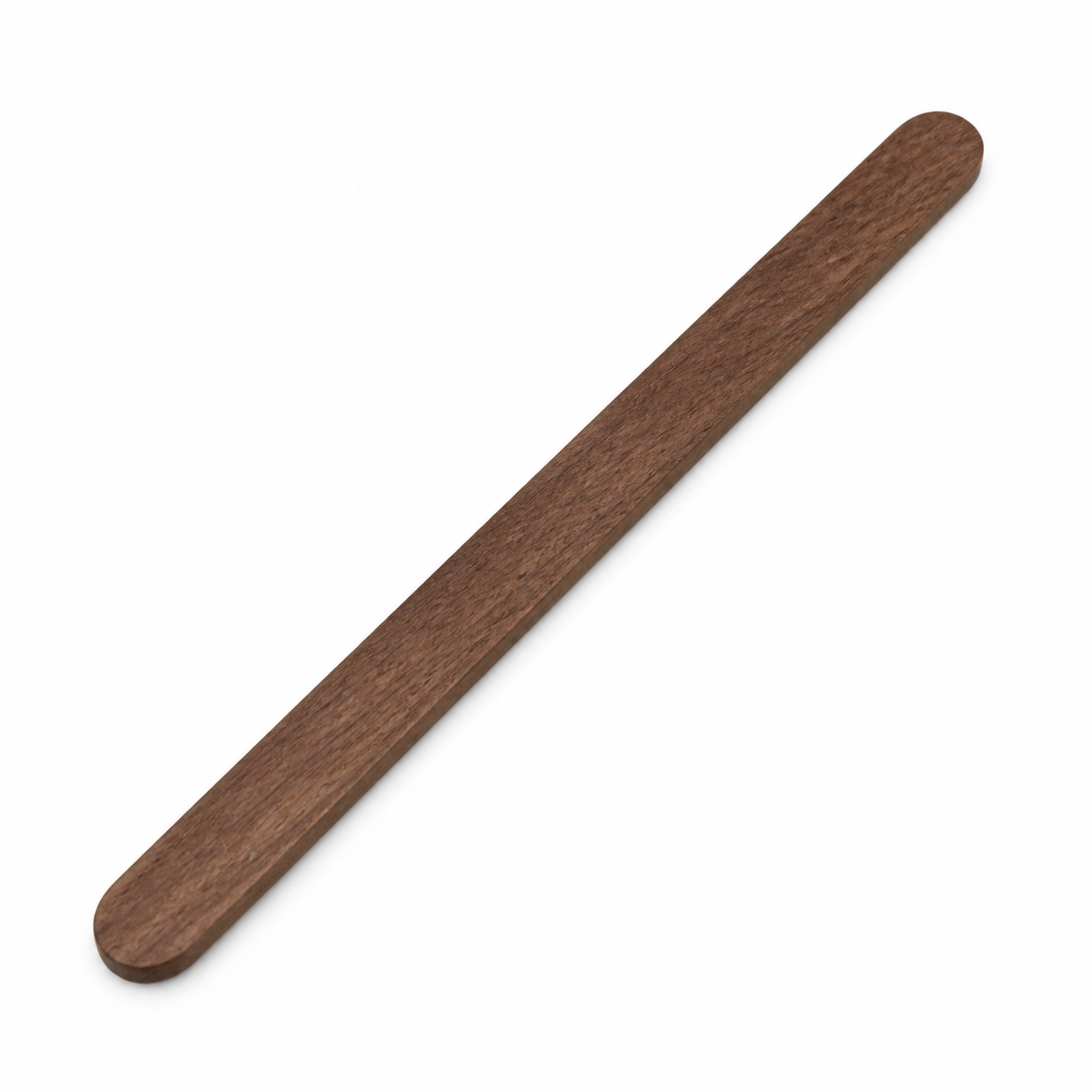 Single flat-bodied solid black walnut round-ended drink stirrer on white background