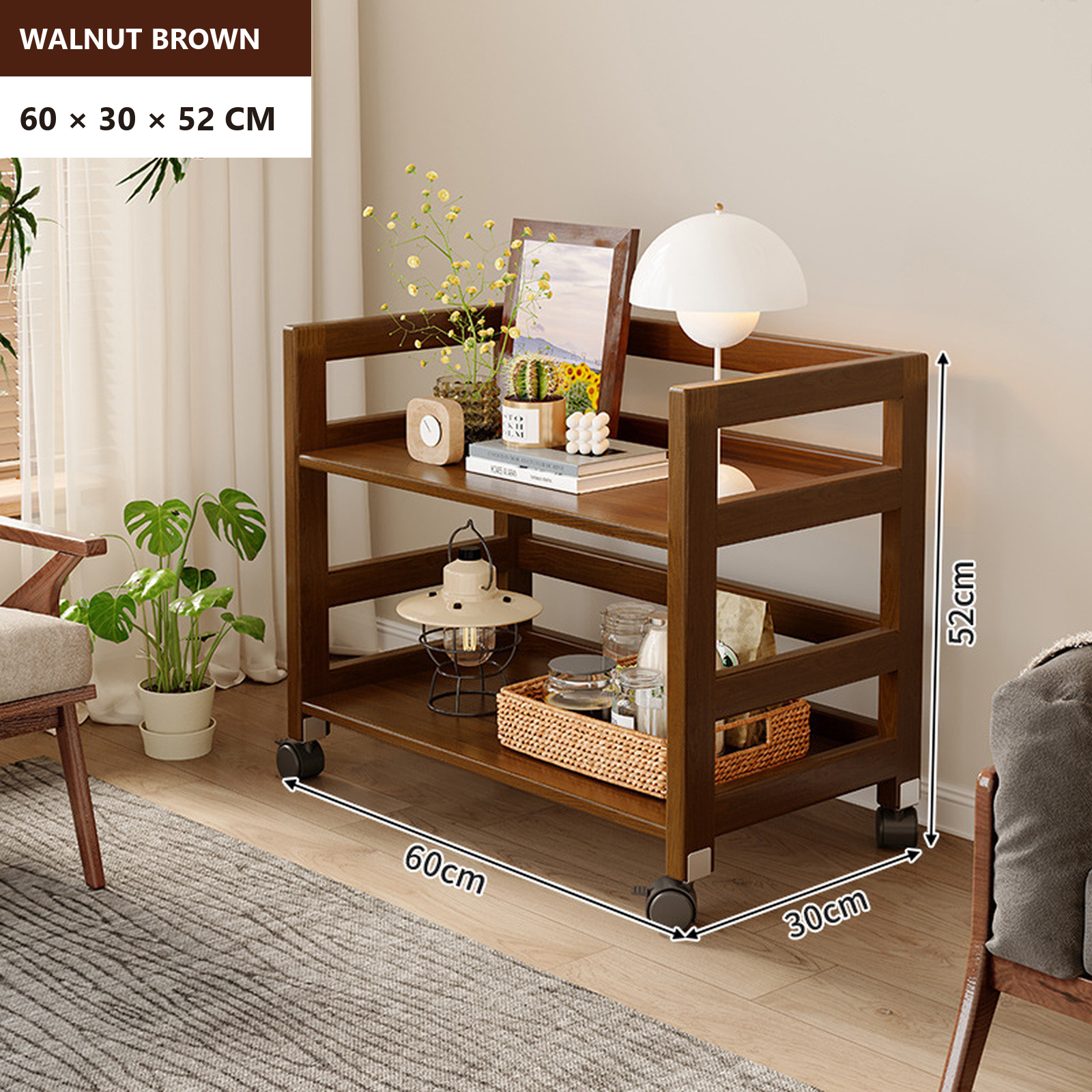 60 × 30 × 52 cm solid pine two-tier rolling coffee bar cart dimensions