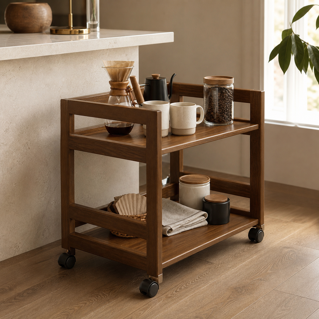 Walnut brown 60 cm solid pine two-tier rolling cart in a home coffee bar
