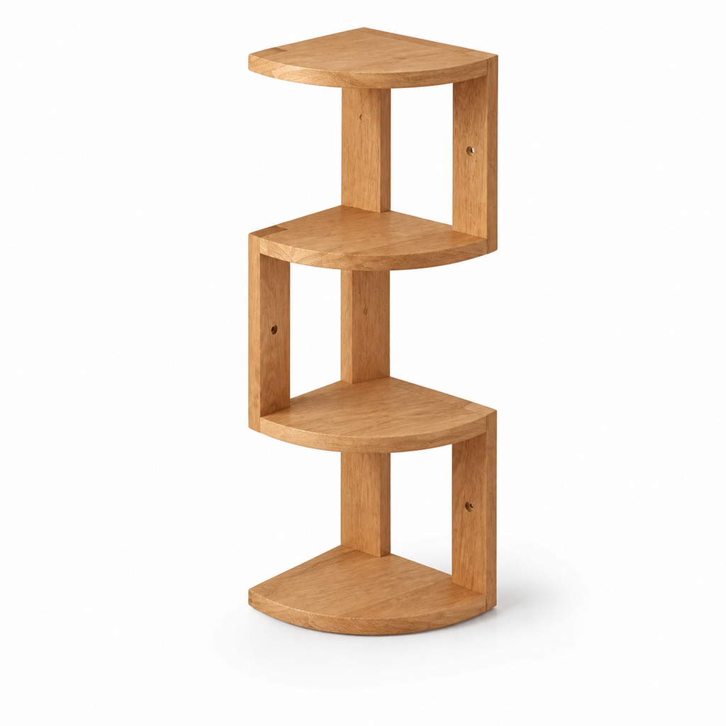 Natural solid rubberwood four-tier corner shelf on white background