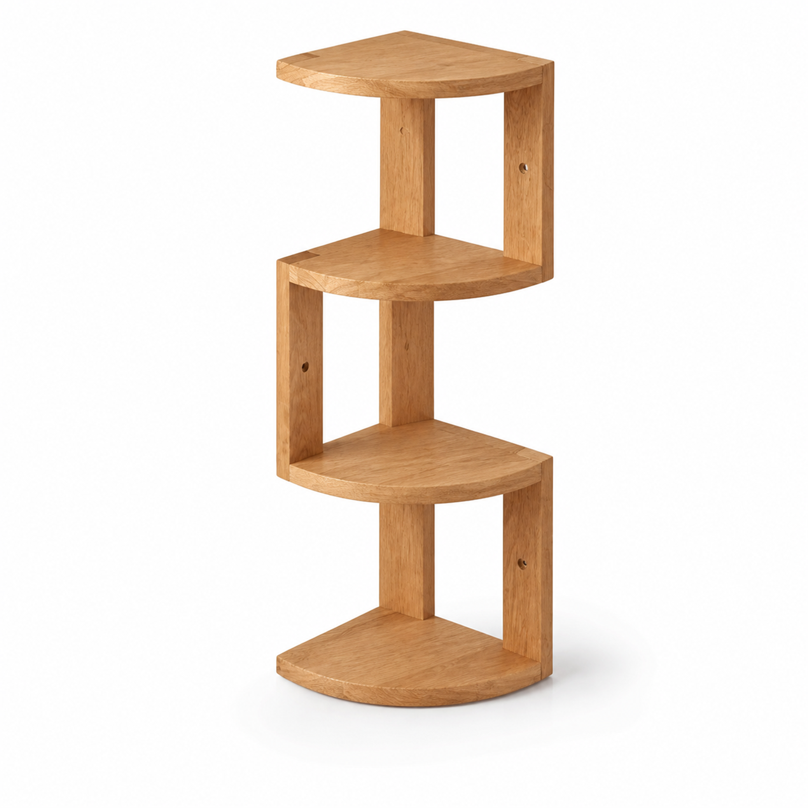 Natural solid rubberwood four-tier corner shelf on white background