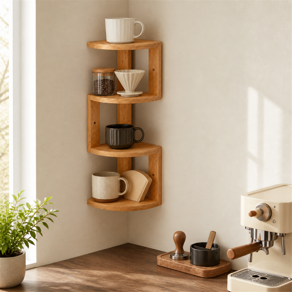 Natural finish four-tier corner shelf above a coffee bar