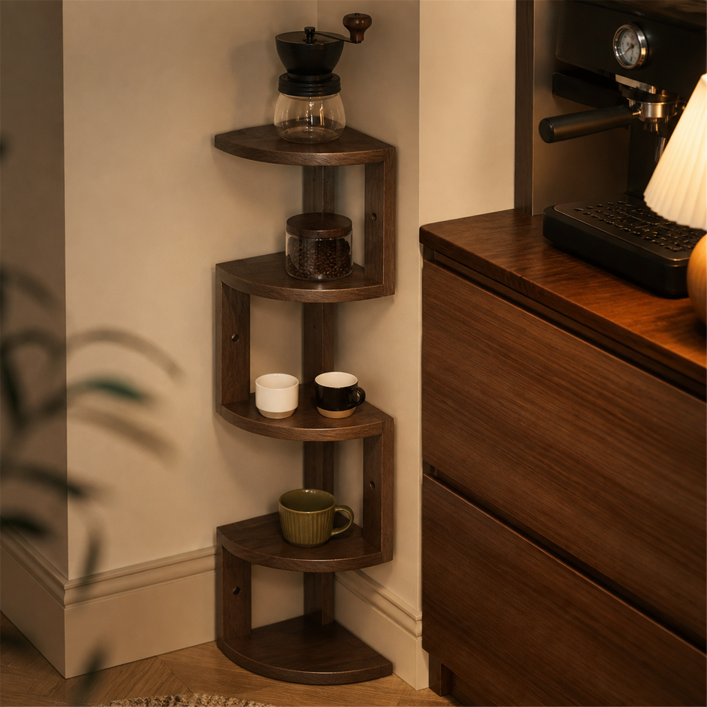 Walnut finish four-tier corner shelf beside a coffee station