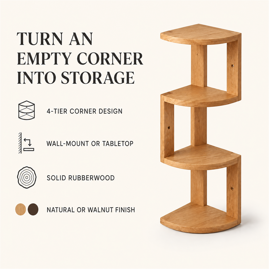 Four-tier corner storage shelf features and finish options