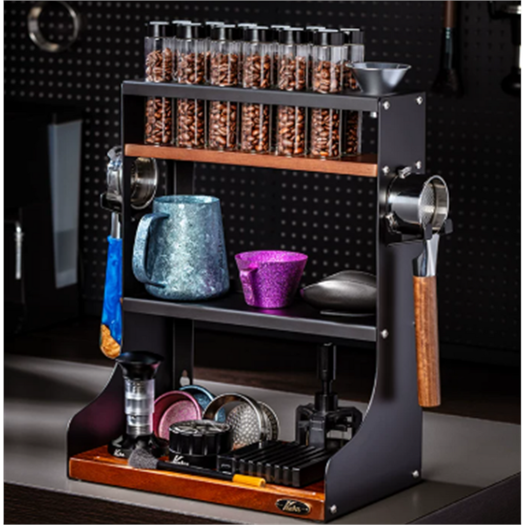 Solid walnut and black steel 12-tube coffee dosing station styled on a countertop
