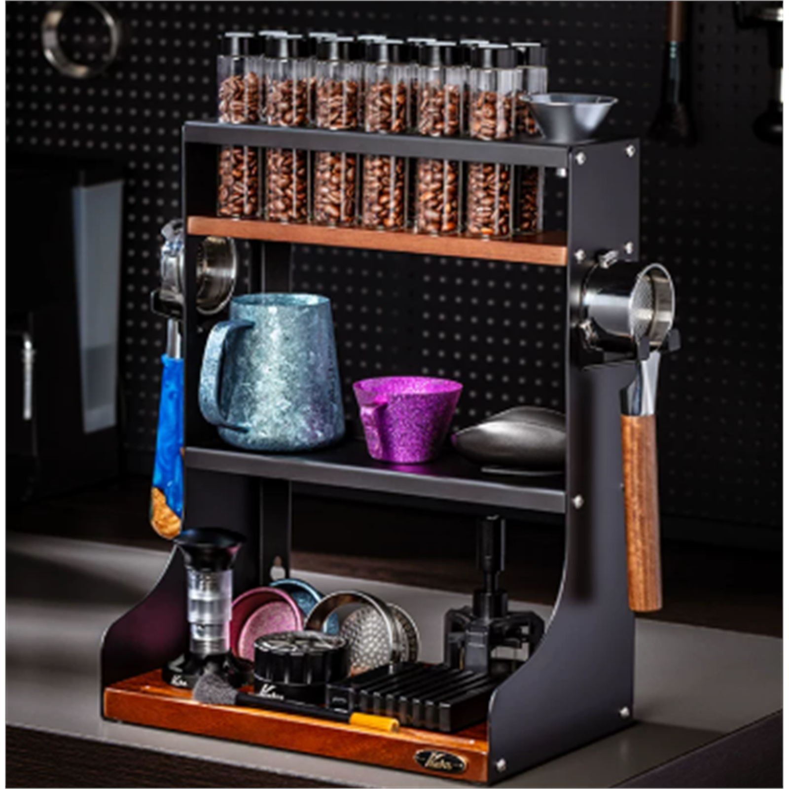 Solid walnut and black steel 12-tube coffee dosing station styled on a countertop