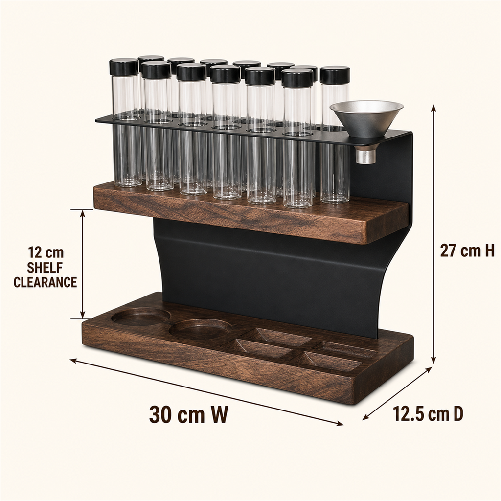 Twelve-tube coffee dosing station dimensions 30 by 12.5 by 27 centimeters