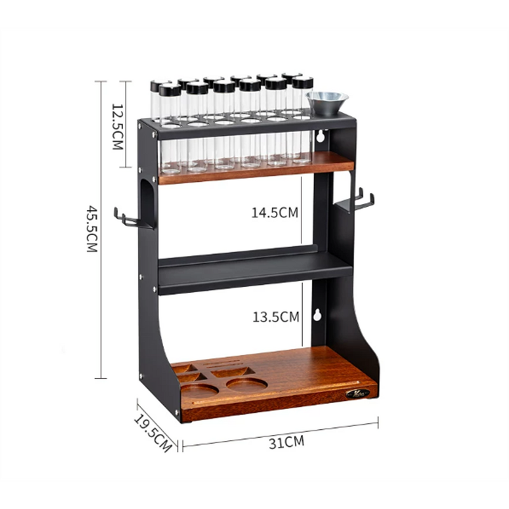 12-tube wall coffee dosing station dimensions: 31 by 19.5 by 45.5 centimeters