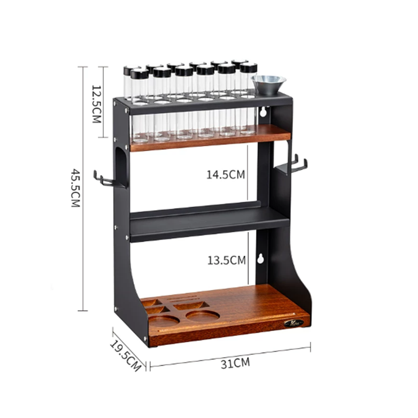 12-tube wall coffee dosing station dimensions: 31 by 19.5 by 45.5 centimeters