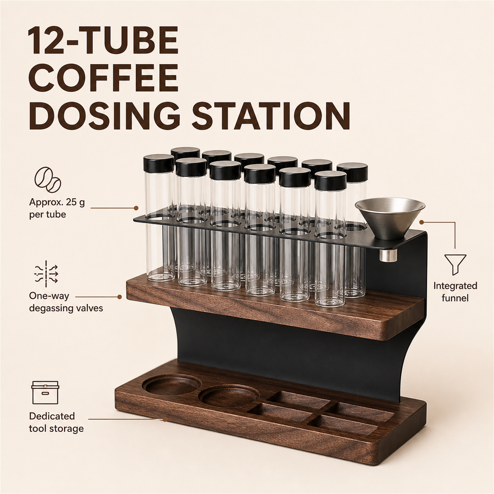Twelve-tube walnut coffee dosing station features and integrated funnel