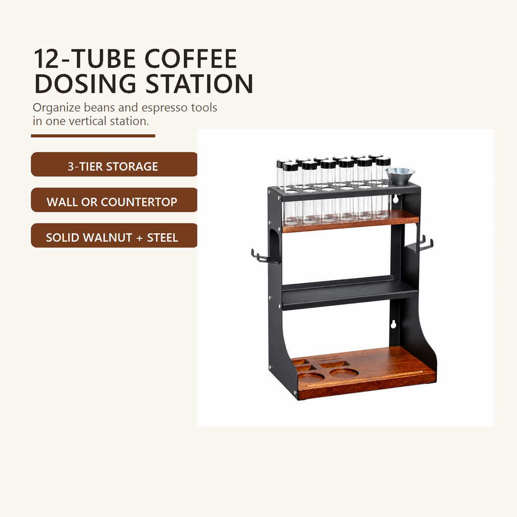 12-tube coffee dosing station with three-tier storage and wall or countertop placement