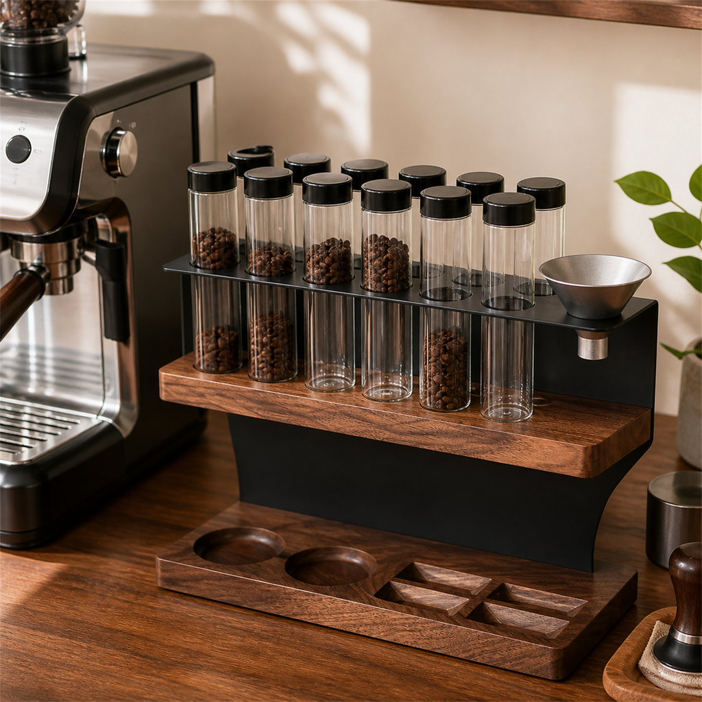 Twelve-tube walnut coffee dosing station beside an espresso machine