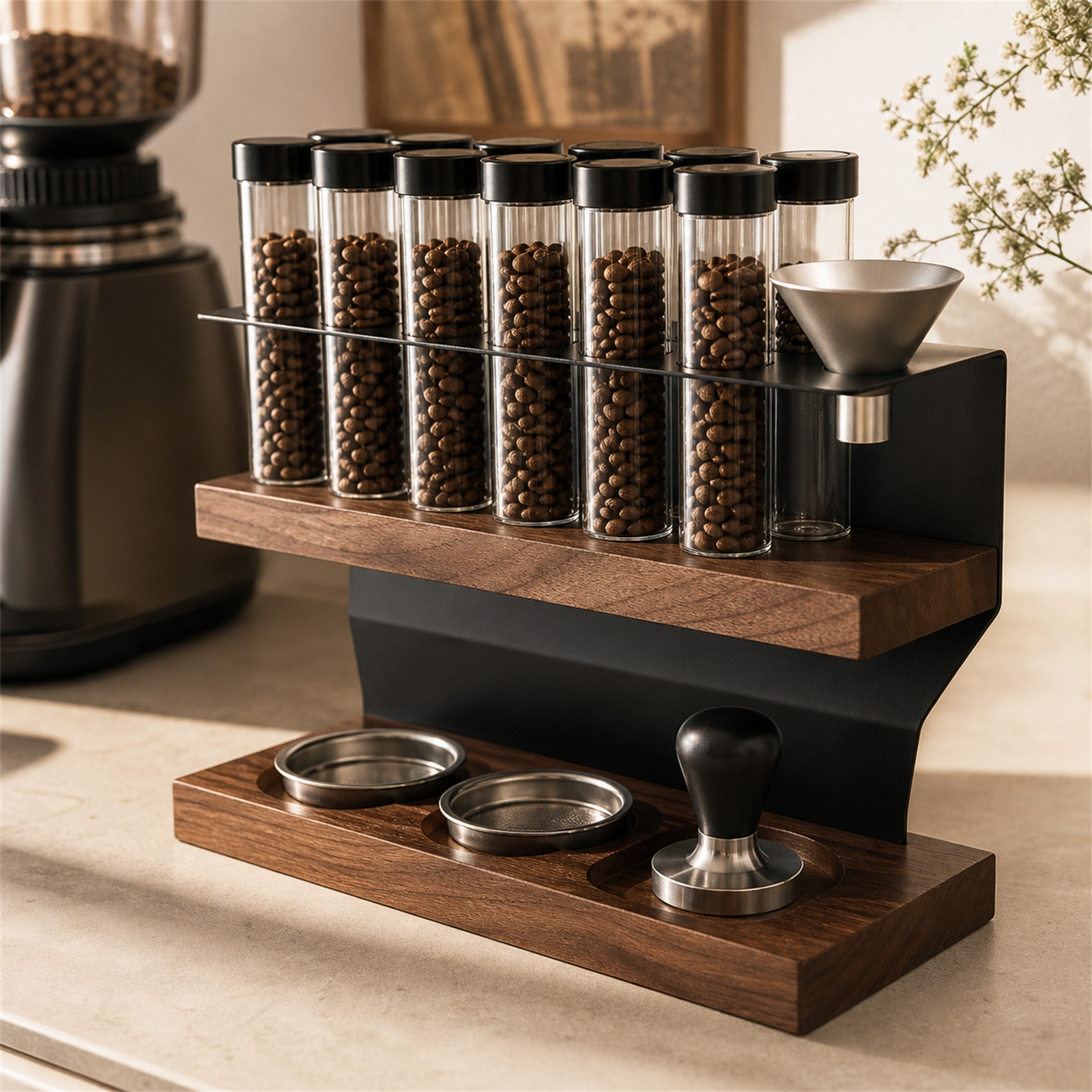 Walnut coffee dosing organizer from a right-side angle with espresso tools
