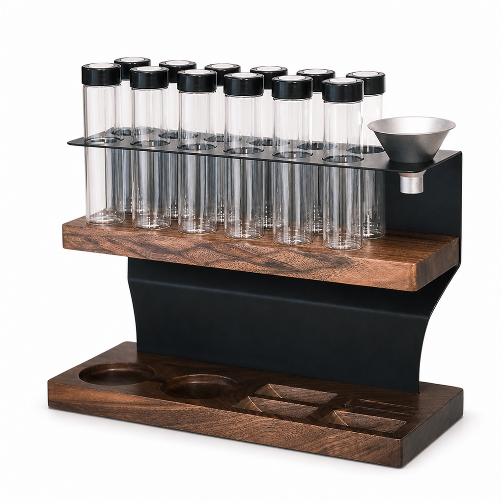 Solid walnut and carbon steel 12-tube coffee dosing station on white background