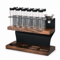 Solid walnut and carbon steel 12-tube coffee dosing station on white background