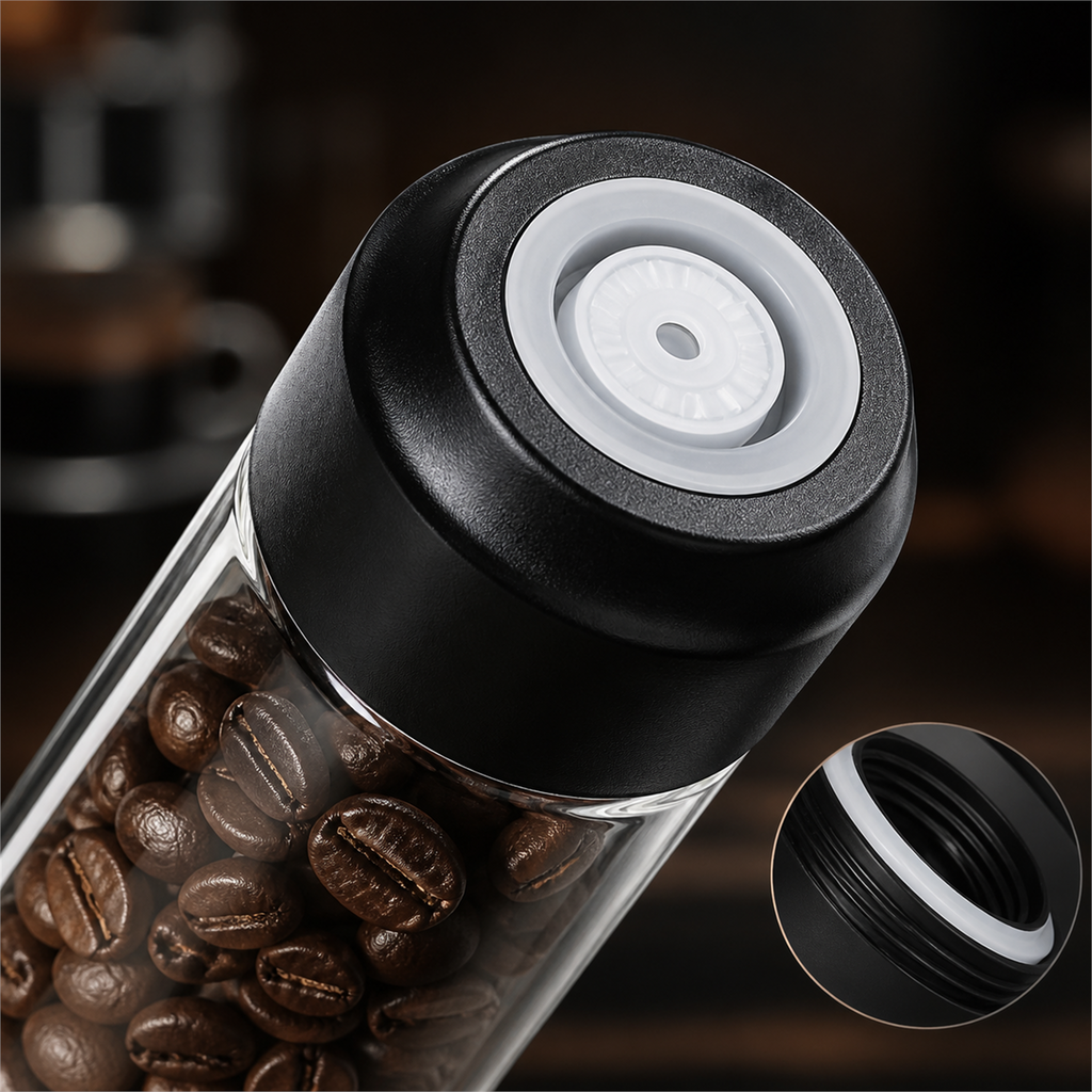 Close-up of the one-way valve cap on a glass coffee dosing tube