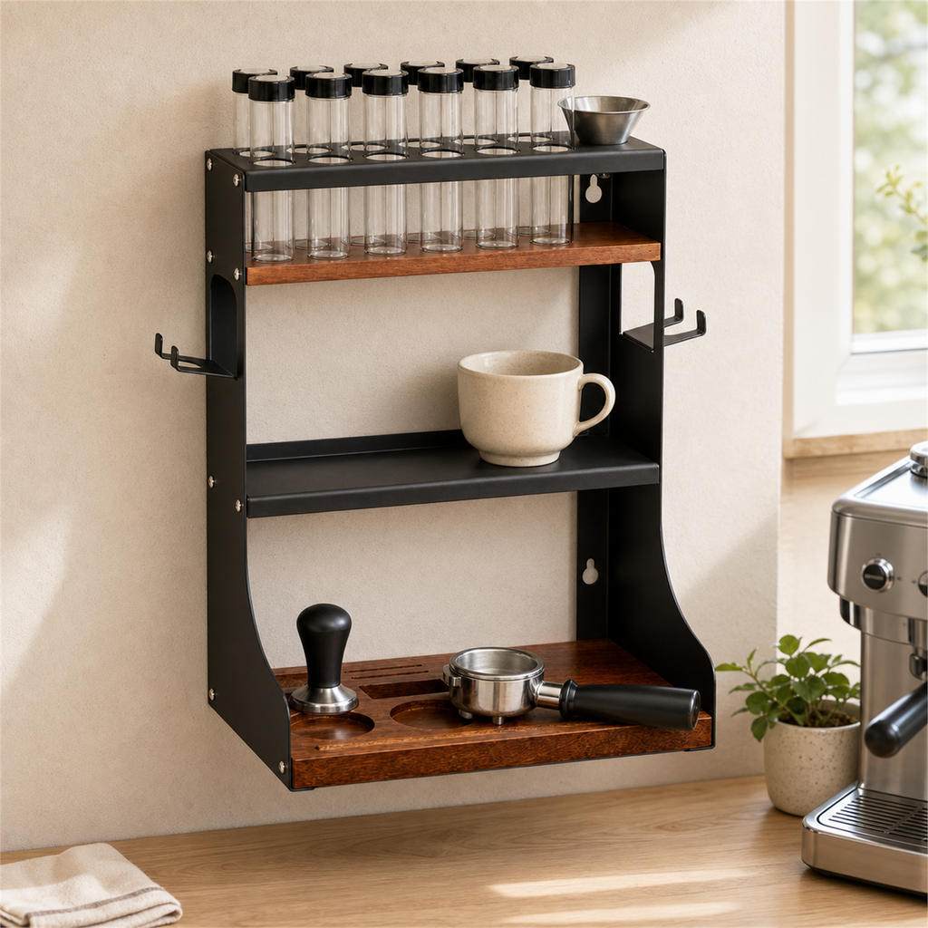 Wall-mounted solid walnut 12-tube coffee dosing station above a coffee counter