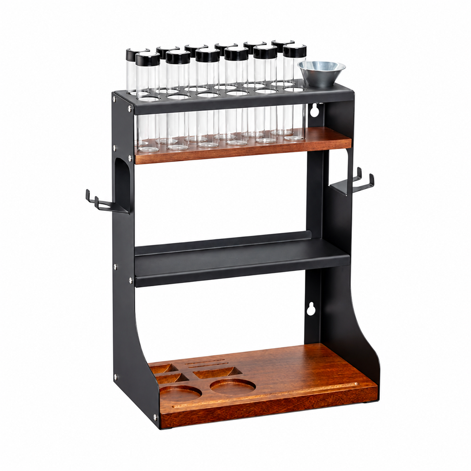 Solid walnut 12-tube wall-mount coffee dosing station on a white background