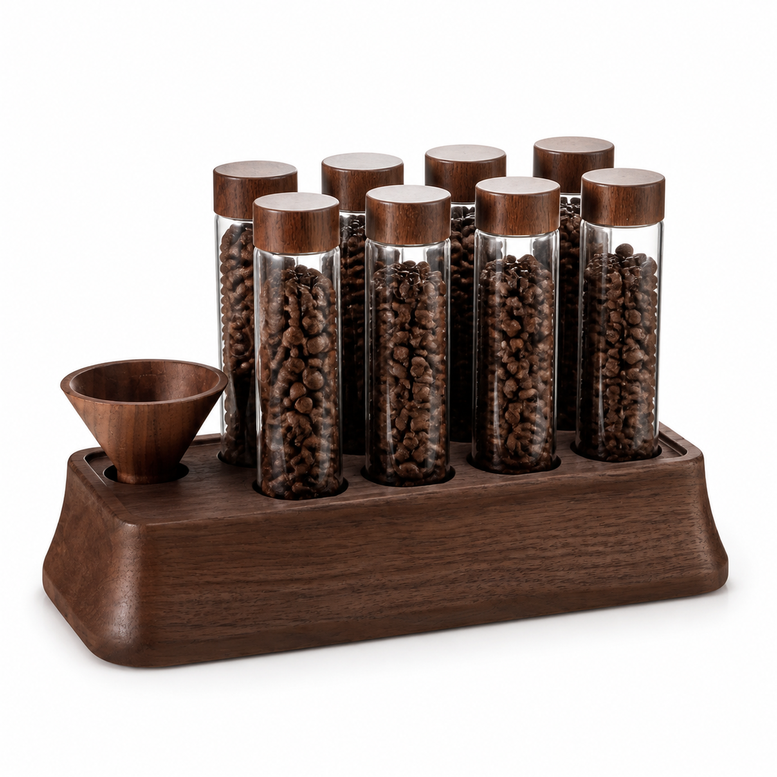 Solid walnut 8-tube coffee dosing organizer with wood funnel on white background