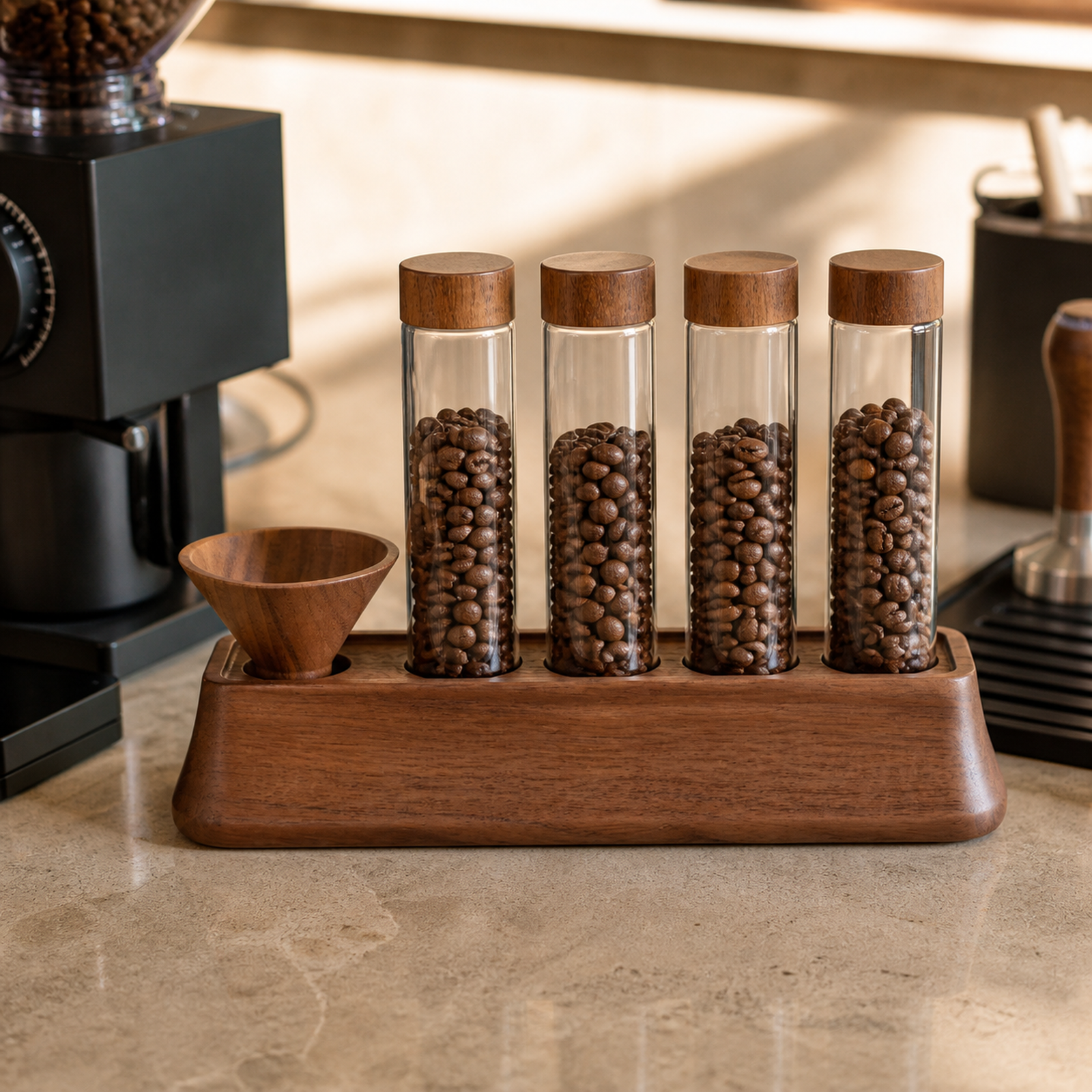 Four-tube solid walnut coffee dosing organizer beside coffee equipment