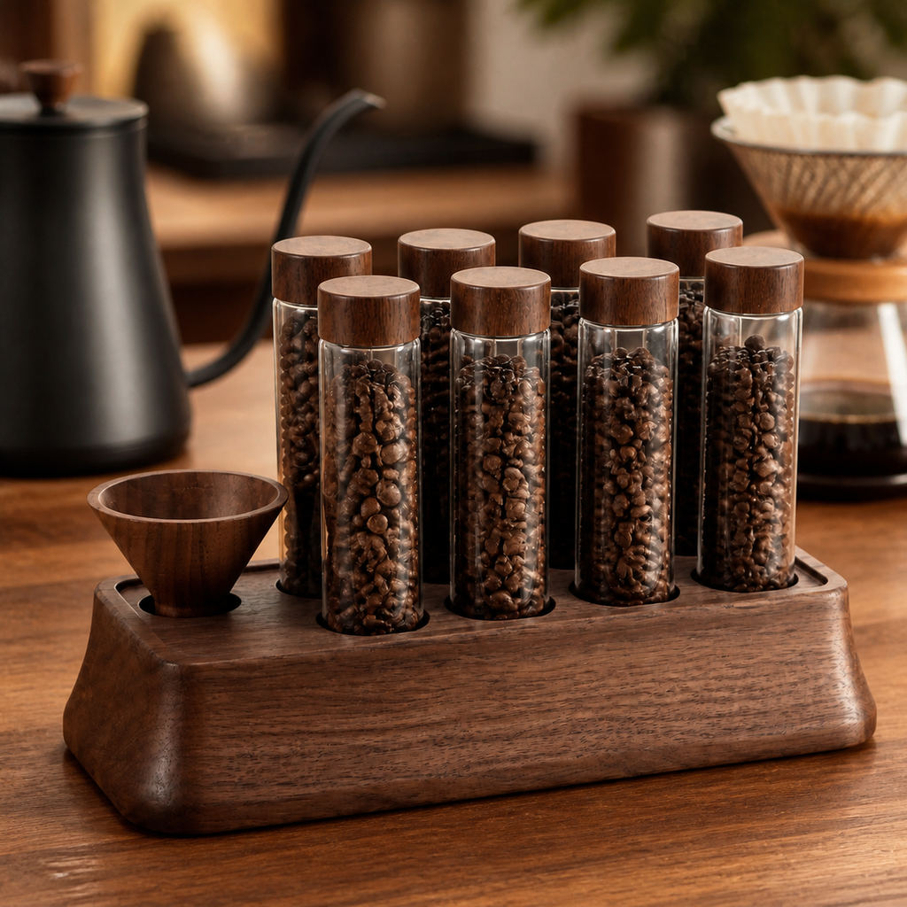 Eight-tube solid walnut coffee dosing organizer on a coffee bar