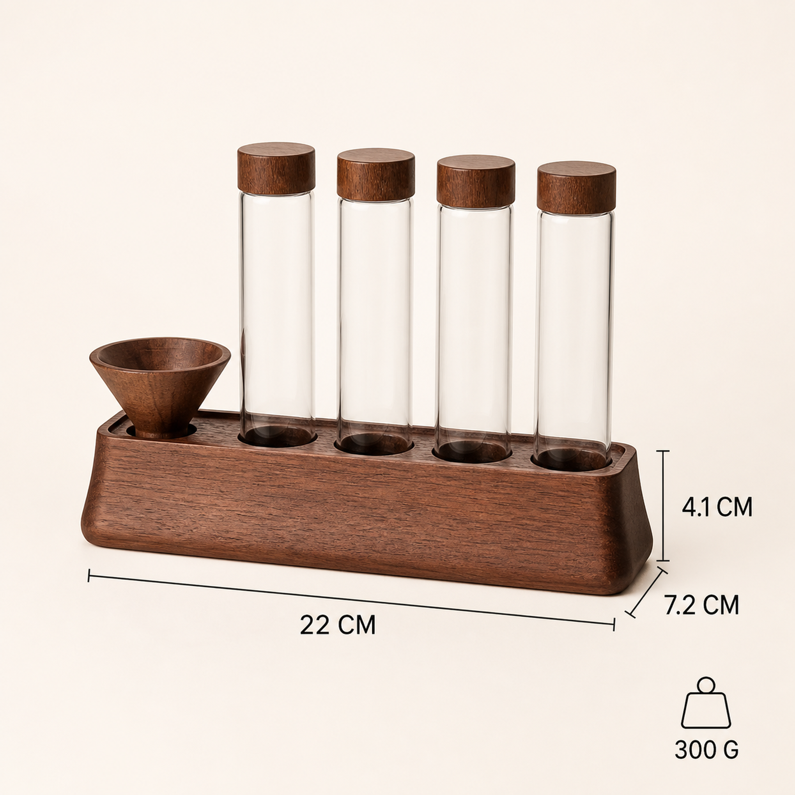 Four-tube coffee dosing organizer dimensions 22 by 7.2 by 4.1 cm