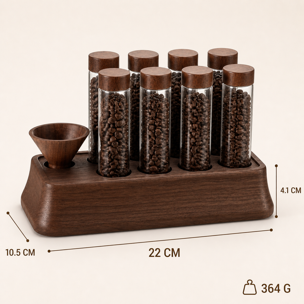 Eight-tube coffee dosing organizer dimensions 22 by 10.5 by 4.1 cm