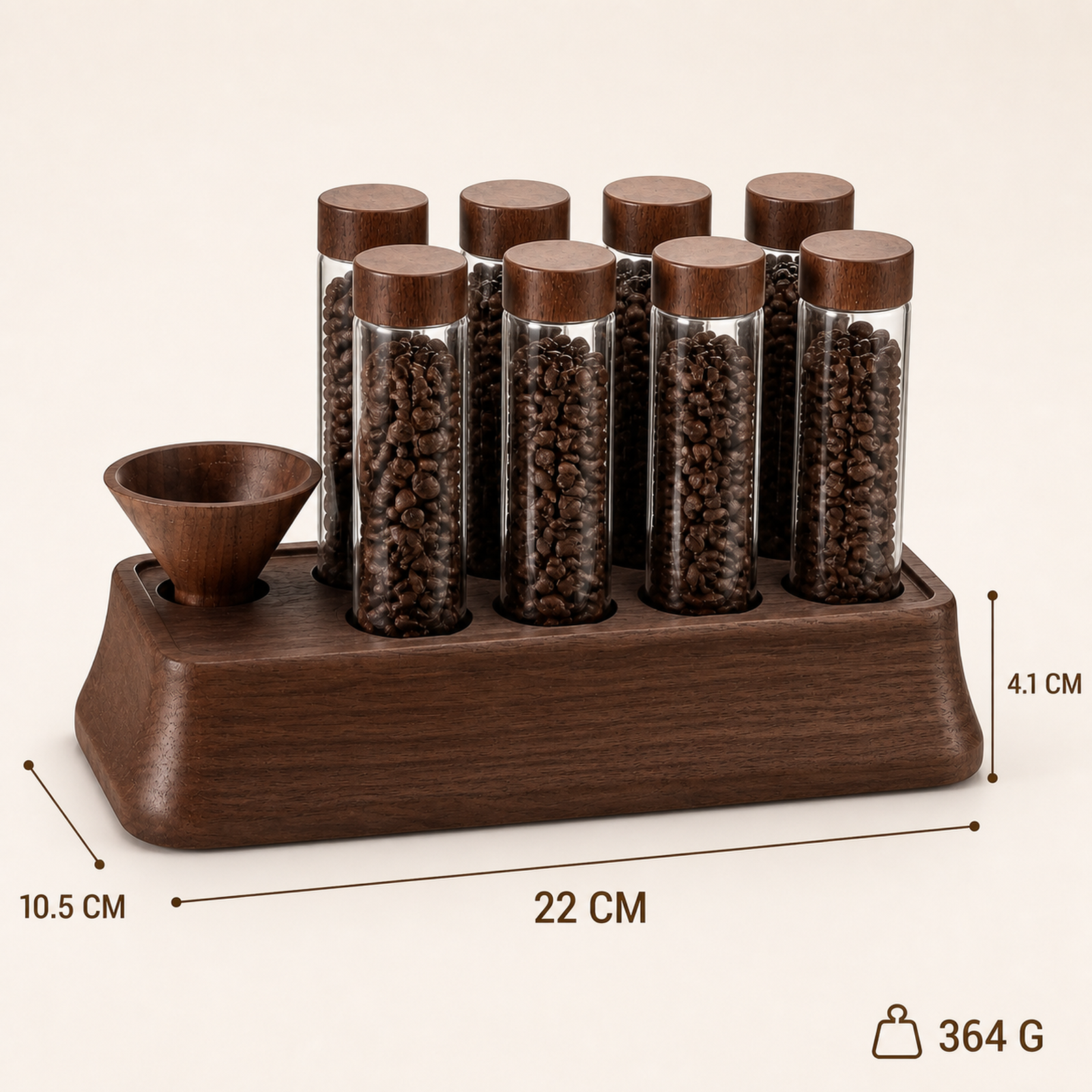 Eight-tube coffee dosing organizer dimensions 22 by 10.5 by 4.1 cm