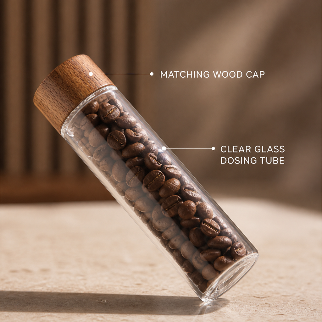 Clear coffee dosing tube with matching walnut wood cap detail