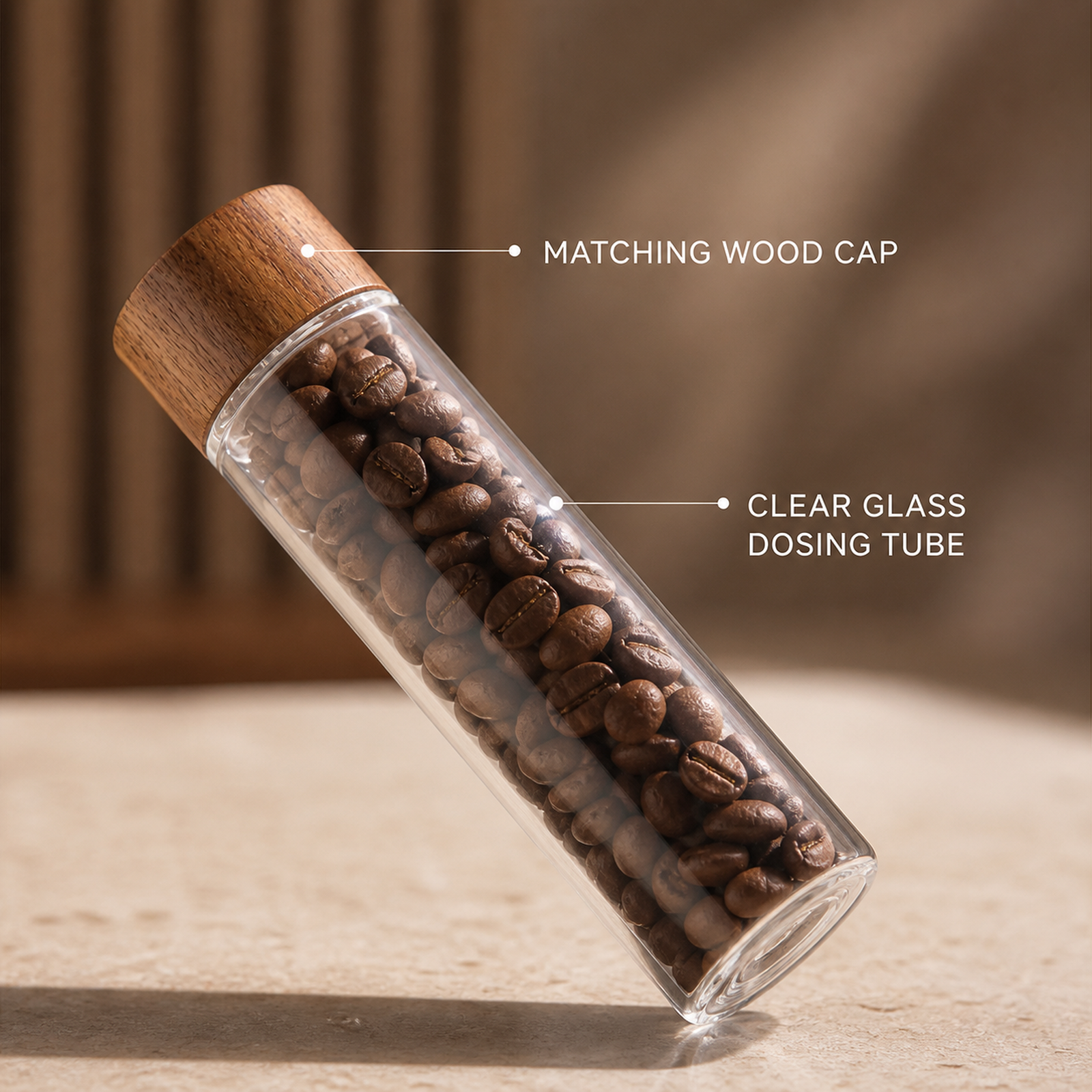 Clear coffee dosing tube with matching walnut wood cap detail