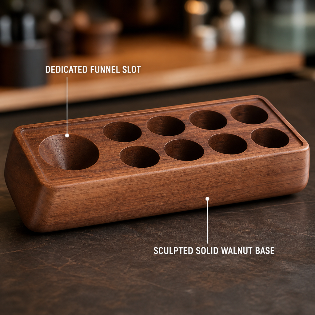 Sculpted solid walnut organizer base with eight tube holes and funnel slot
