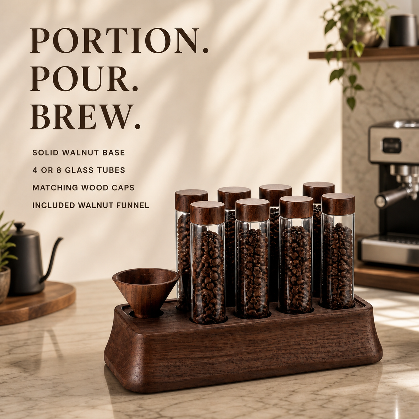 Solid walnut coffee dosing tube organizer features for 4 or 8 tubes