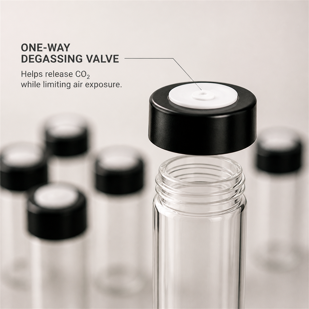 Coffee dosing tube black cap with white one-way degassing valve detail