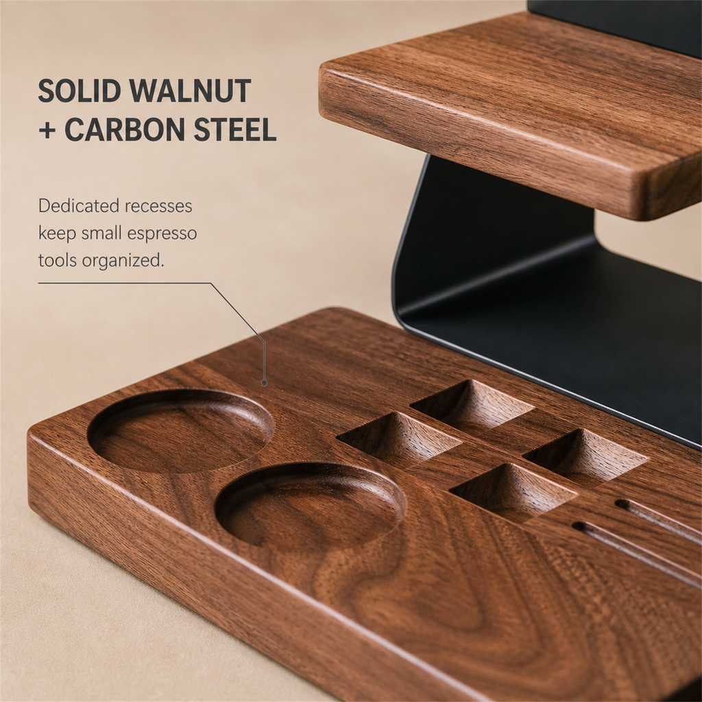 Solid walnut and carbon steel construction with carved espresso tool recesses