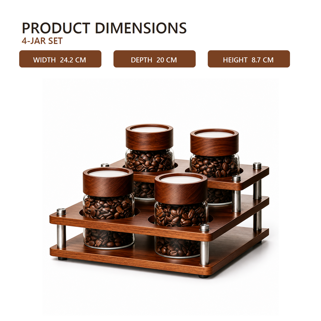 Four-jar coffee canister organizer dimensions: 24.2 by 20 by 8.7 centimeters