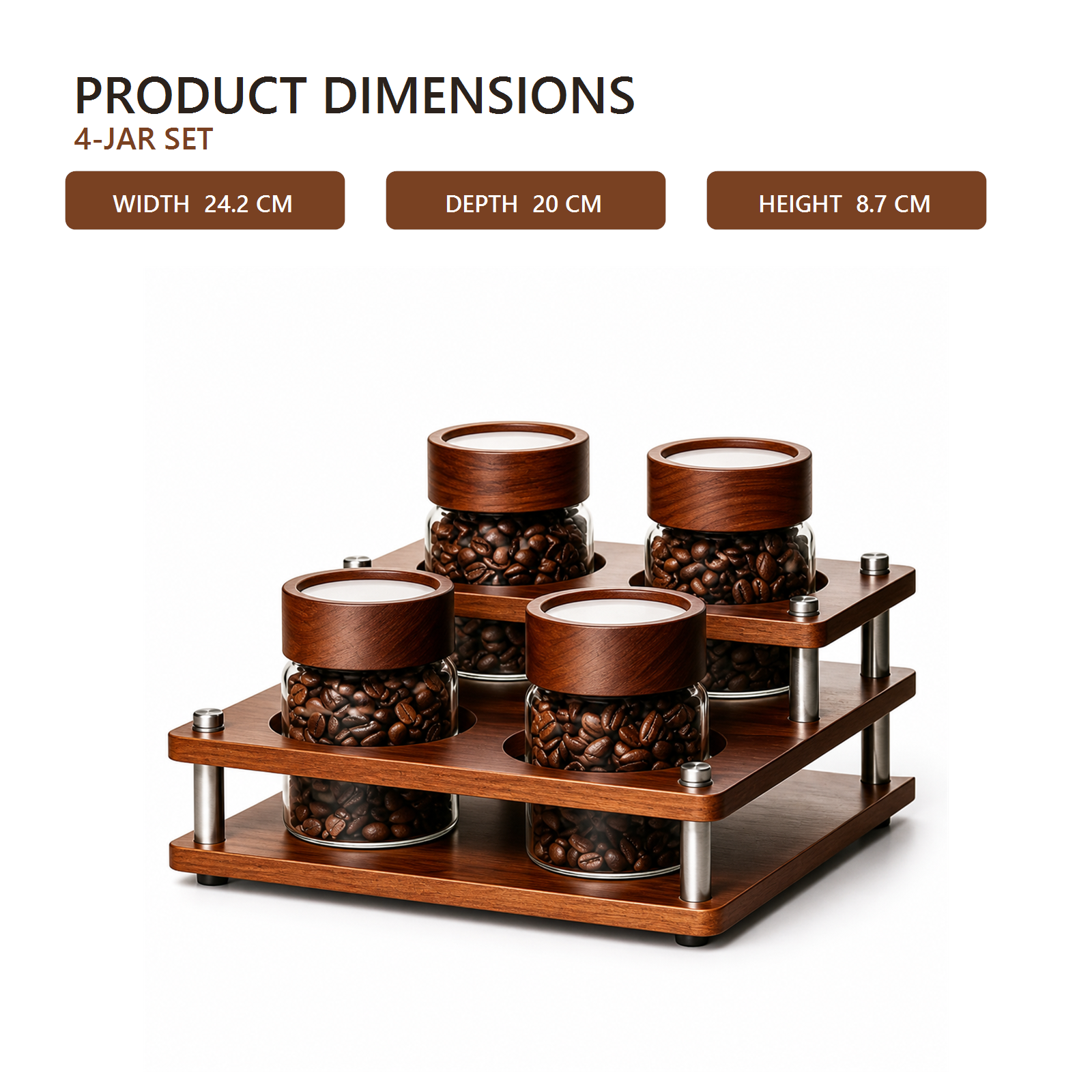 Four-jar coffee canister organizer dimensions: 24.2 by 20 by 8.7 centimeters