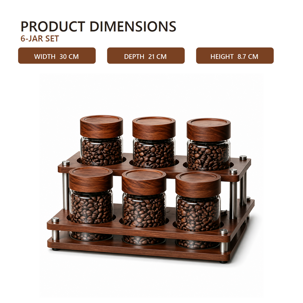 Six-jar coffee canister organizer dimensions: 30 by 21 by 8.7 centimeters