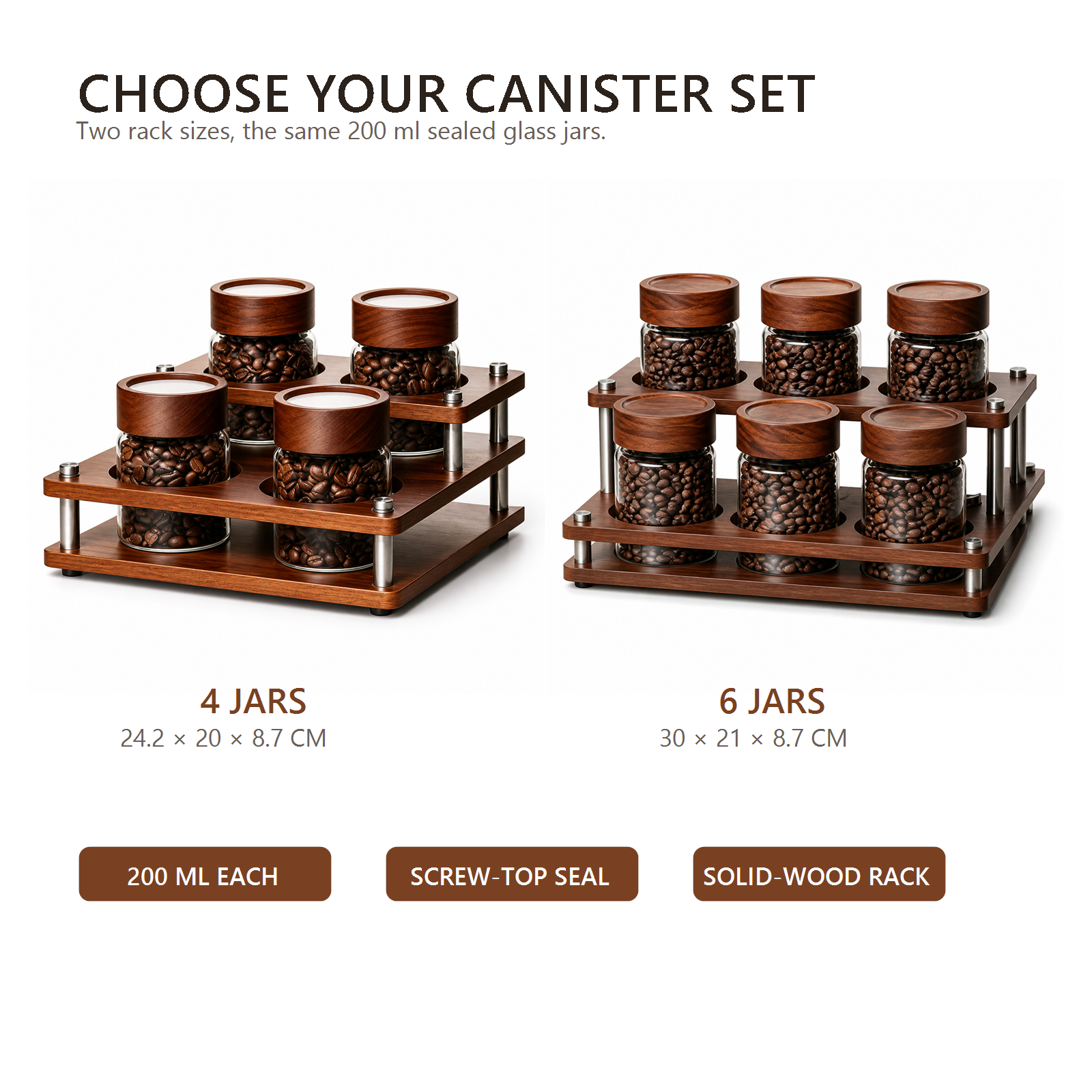 Four- and six-jar solid-wood coffee canister organizer options with 200 ml jars