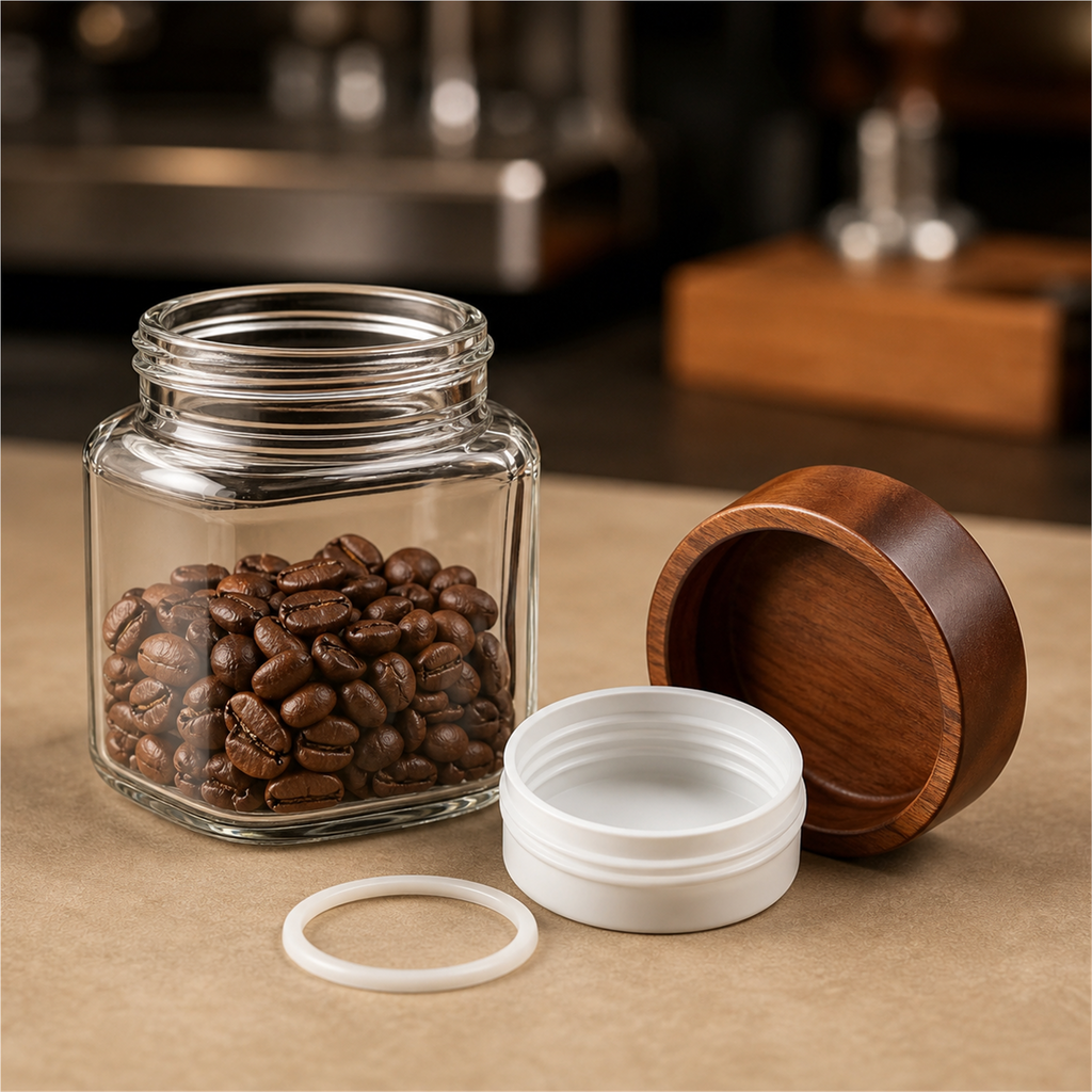 Glass coffee canister with solid-wood lid, food-grade PP screw insert and silicone ring