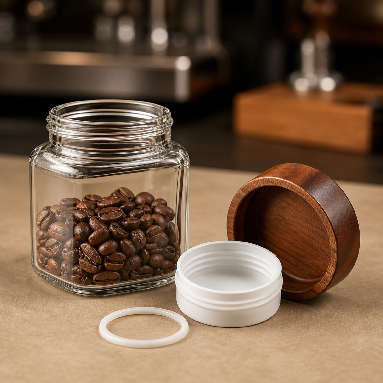 Glass coffee canister with solid-wood lid, food-grade PP screw insert and silicone ring