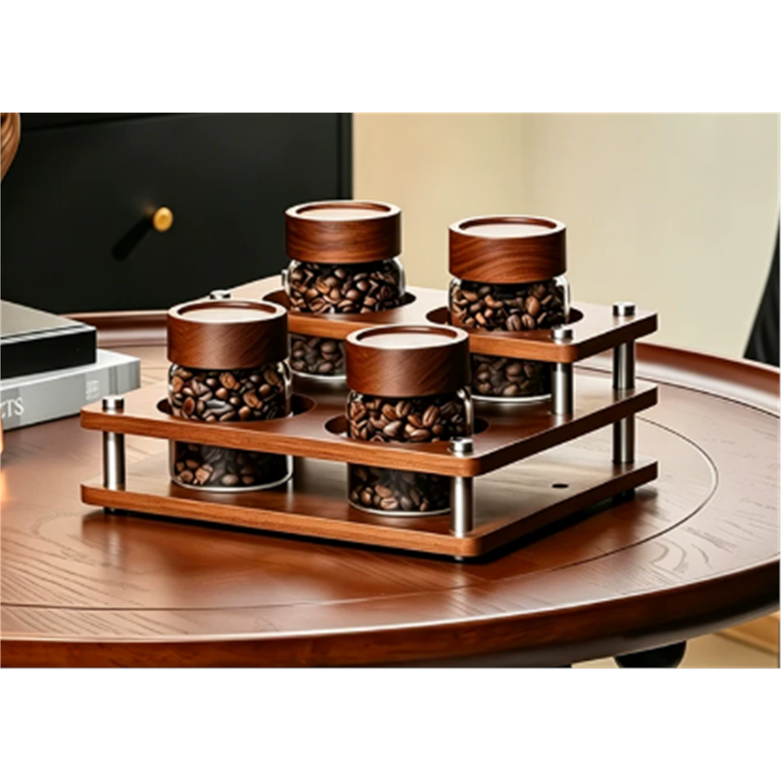 Four glass coffee canisters in a solid-wood organizer styled on a coffee table
