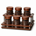 Six 200 ml glass coffee canisters in a stepped solid-wood countertop organizer on white