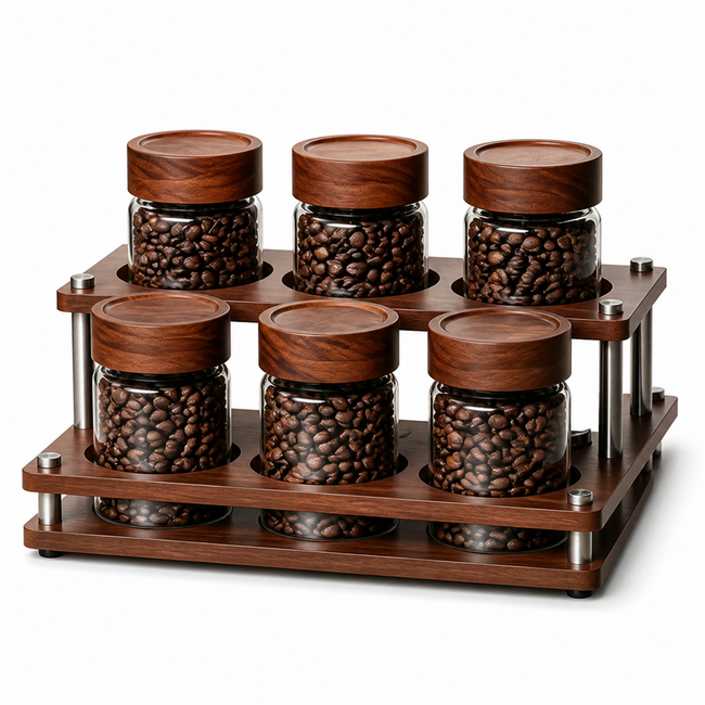 Six 200 ml glass coffee canisters in a stepped solid-wood countertop organizer on white