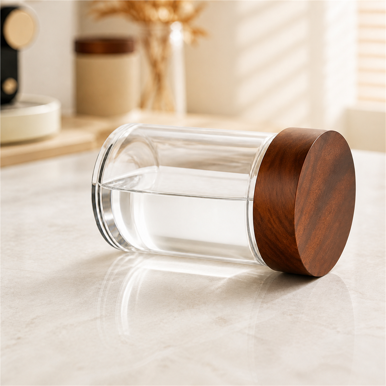 Sealed 200 ml glass canister resting on its side without leaking