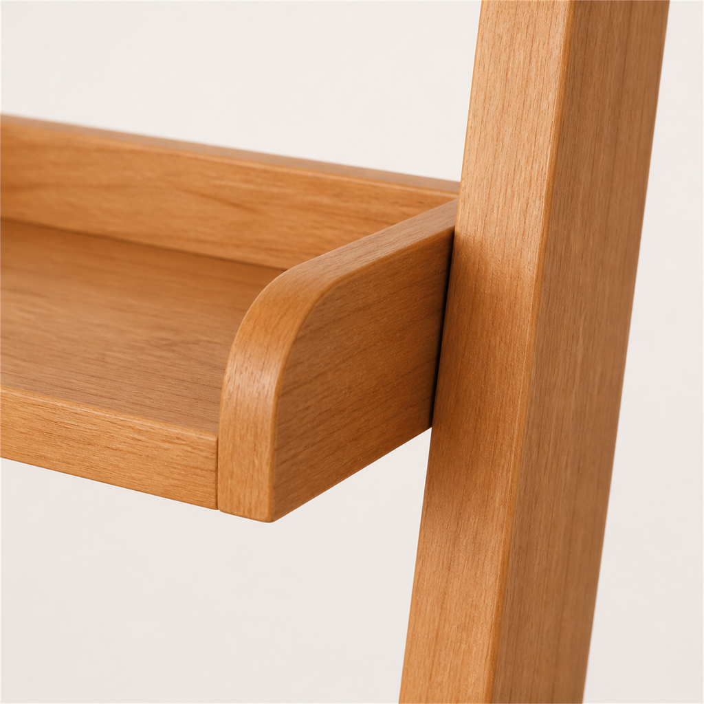 Close-up of solid wood raised-edge tray fitted to ladder upright