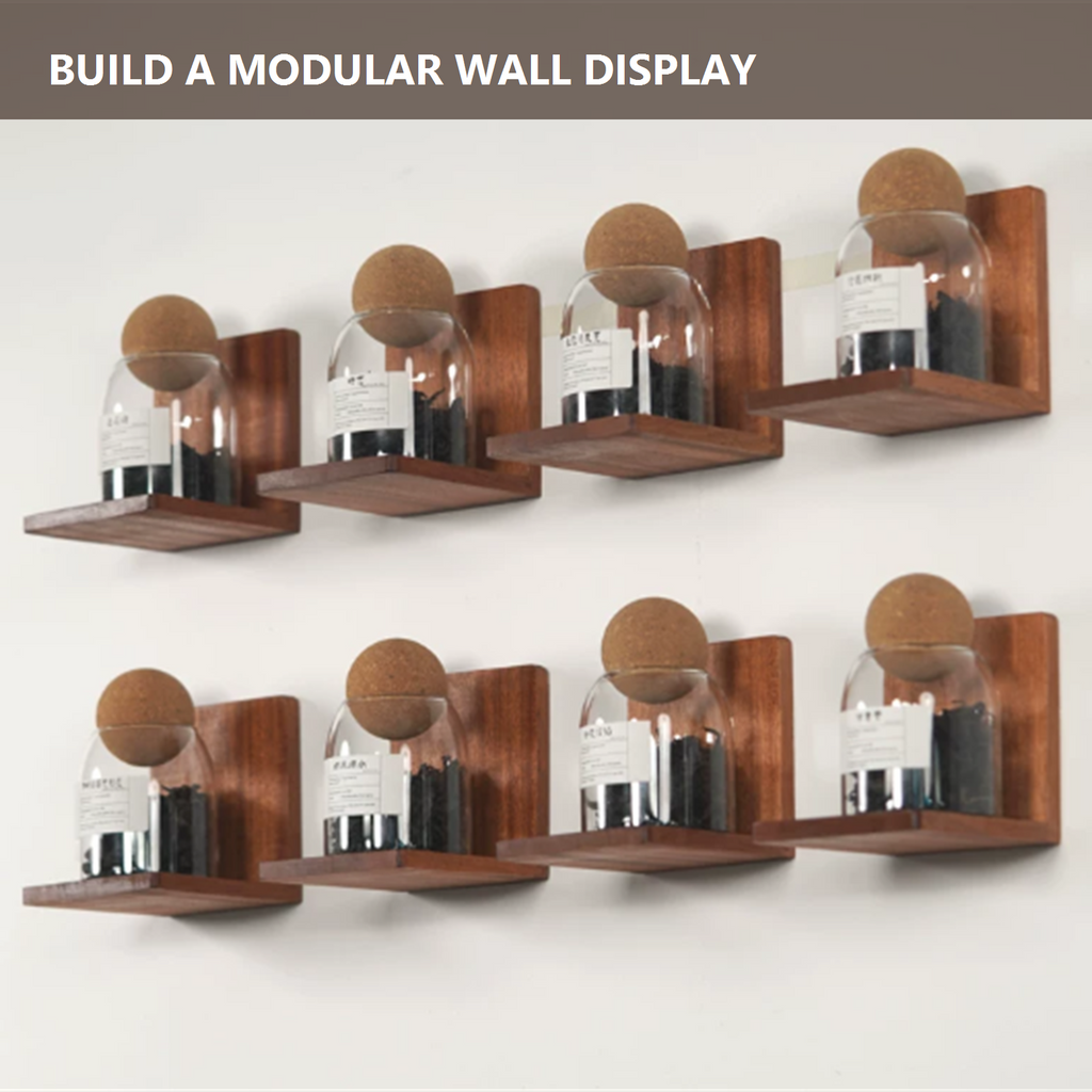 Multiple small wood shelves arranged as a modular wall display