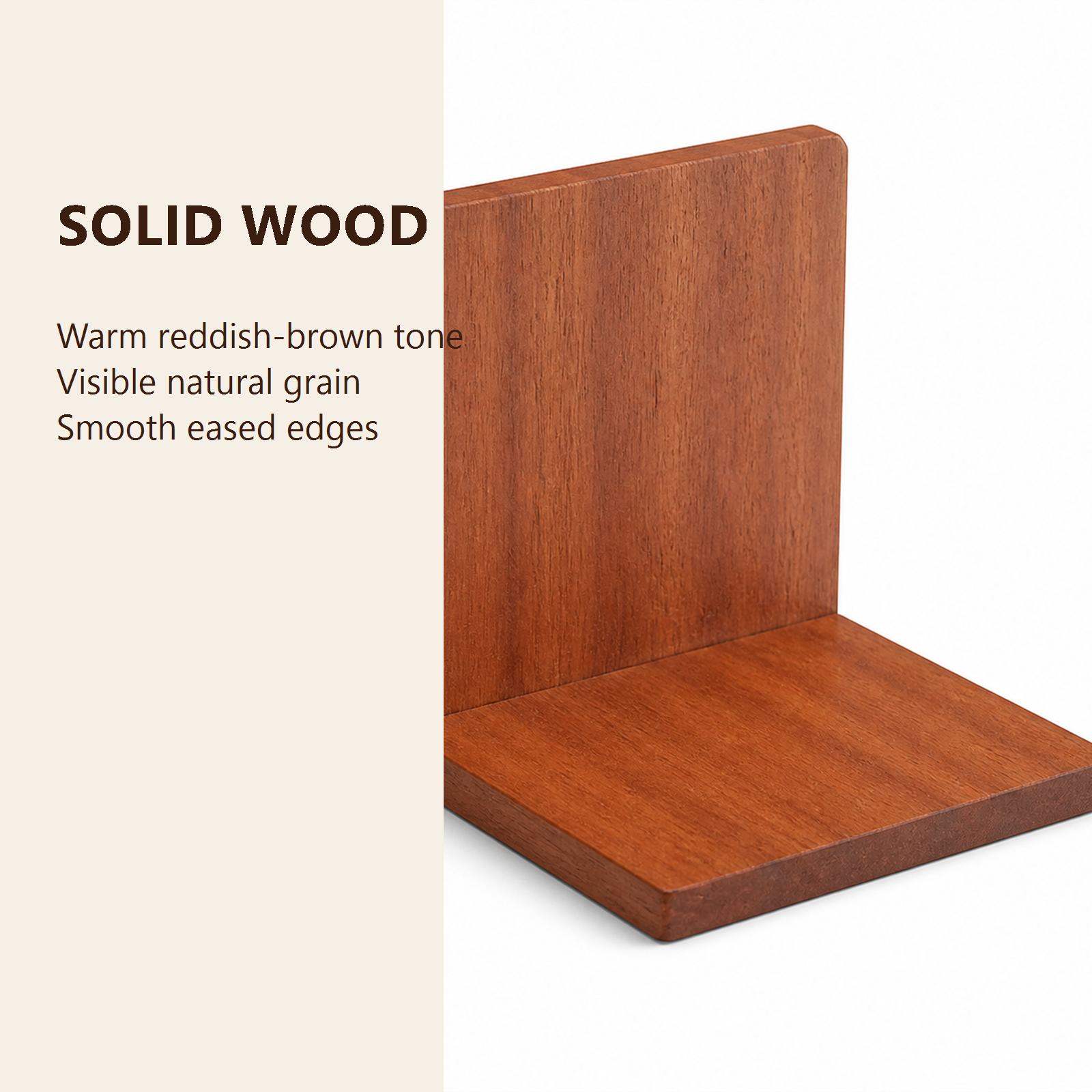 Warm reddish-brown solid wood grain and eased edge detail